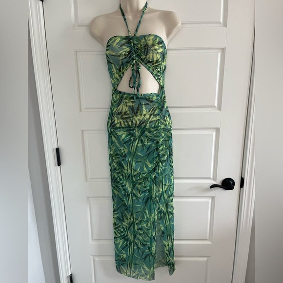 Tropical Print Sheer Drawstring Cinch Slit Thigh Dress Sexy Bodycon Stretch - Picture 6 of 16